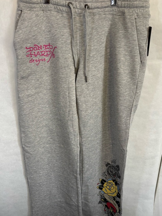 Ed Hardy Pants - Ed Hardy Gray Track Joggers with Floral Graphic and Pink Logo